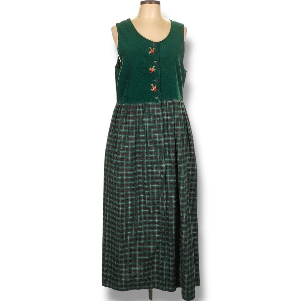 Vintage‎ 80s Susan Bristol Forrest Green Plaid Corduroy Jumper Dress Embroidery